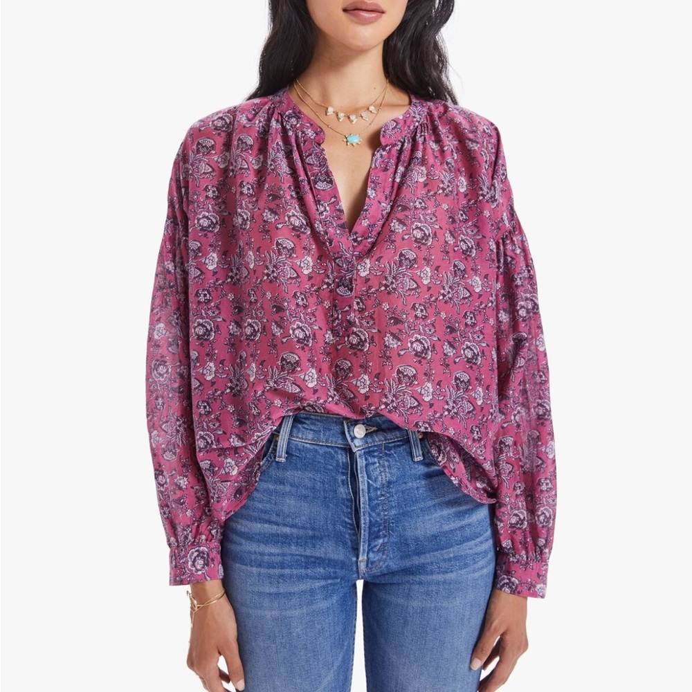 Xirena Silk/Cotton Romi Floral Top Long Sleeves Wild Rose Size XL